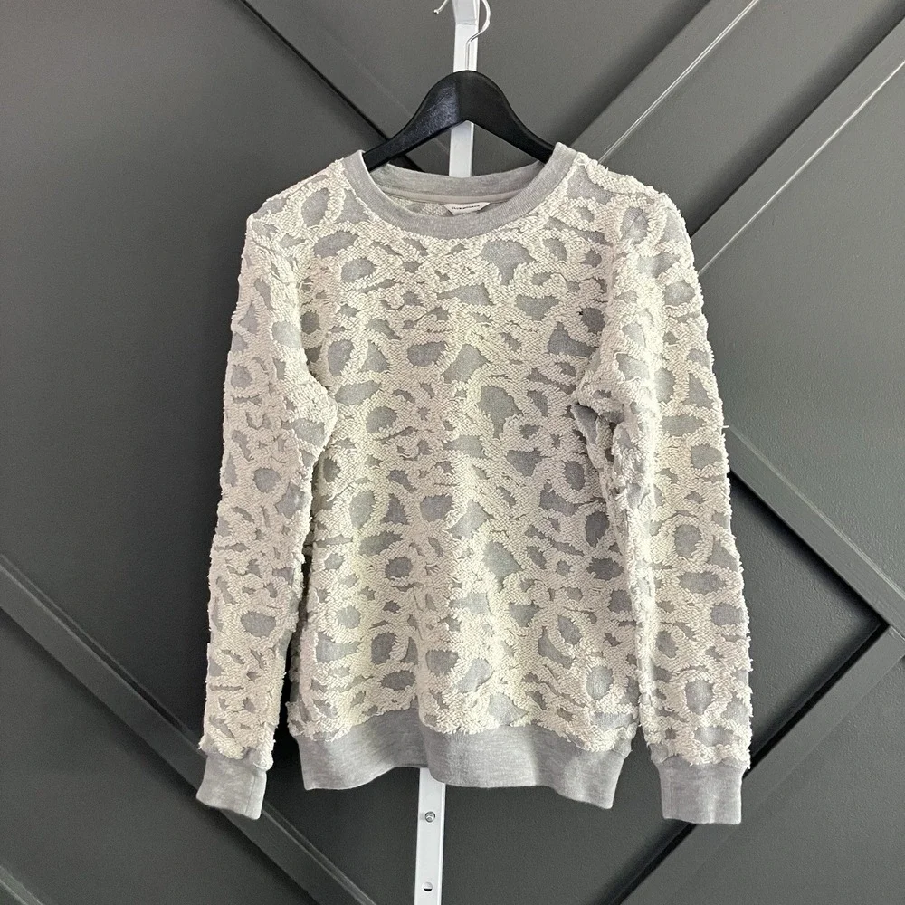 Club Monaco Textured Sweatshirt Women's Small Gray Cream Merino Wool Trim